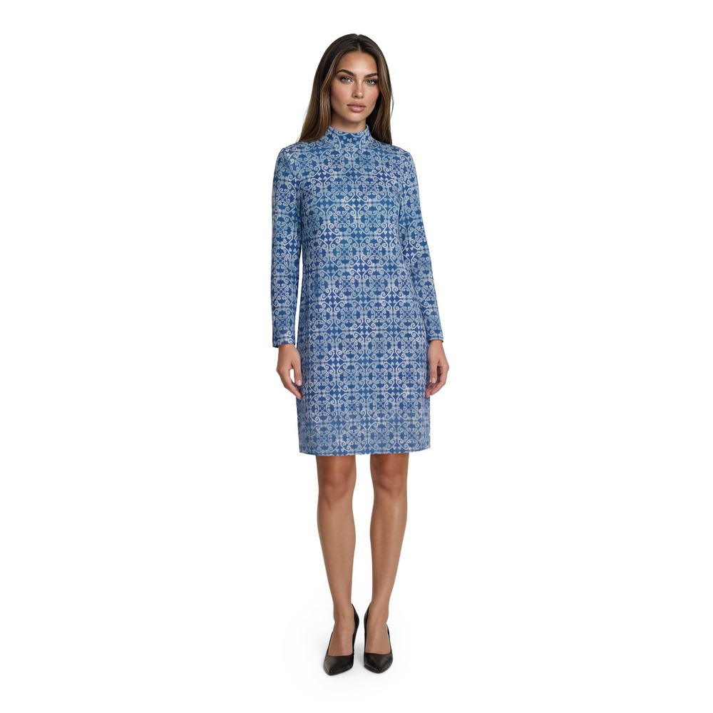 J.McLaughlin Catalina Dress Women's Size Medium Blue Scroll Damask Mock Neck Zip